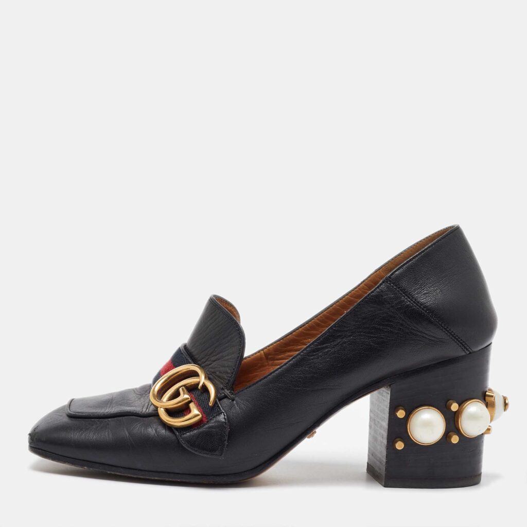 Gucci Black Leather Web GG Marmont Faux Pearl Block Heel Loafer Pumps Size 38