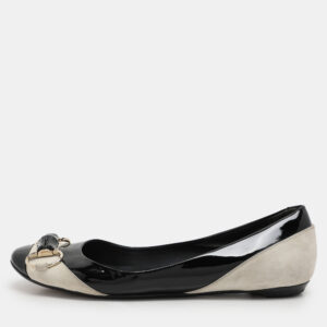 Gucci Black/Grey Patent Leather and Suede Bamboo Horsebit Ballet Flats Size 39