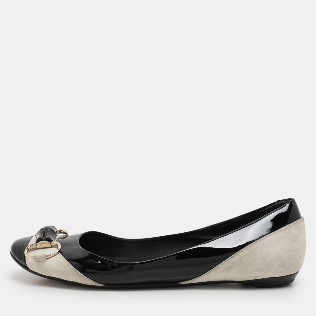Gucci Black/Grey Patent Leather and Suede Bamboo Horsebit Ballet Flats Size 39