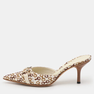Gucci White/Green Satin Horsebit Pointed Toe Mules Size 36.5