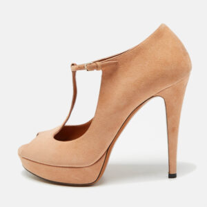 Gucci Pink Suede Peep Toe Platform T-Strap Pumps Size 38