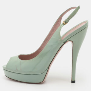 Gucci Green Patent Leather Peep-Toe Platform Slingback Pumps Size 39