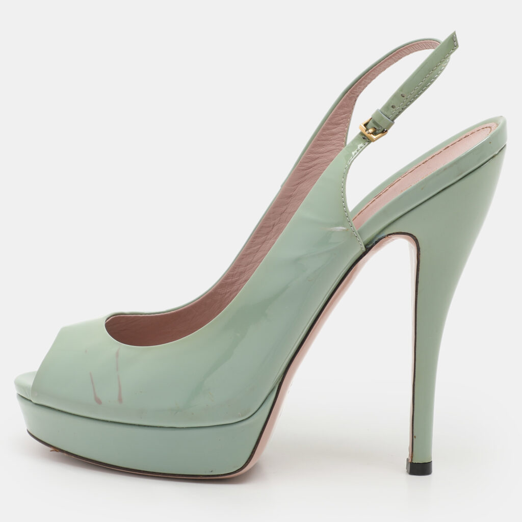 luxury-women-gucci-used-shoes-p1112827-001 Gucci Green Patent Leather Peep-Toe Platform Slingback Pumps Size 39