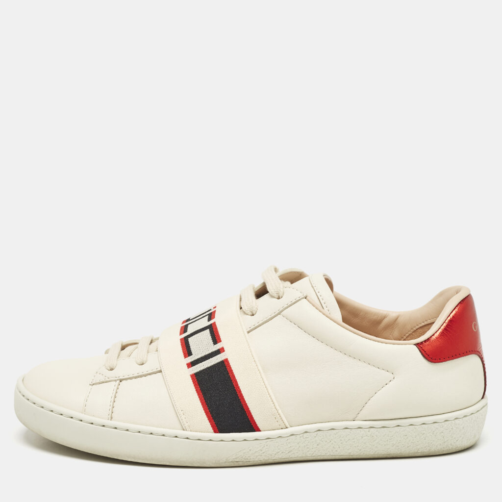 luxury-women-gucci-used-shoes-p1113872-001 Gucci Off White/Red Leather Ace Stripe Sneakers Size 36.5