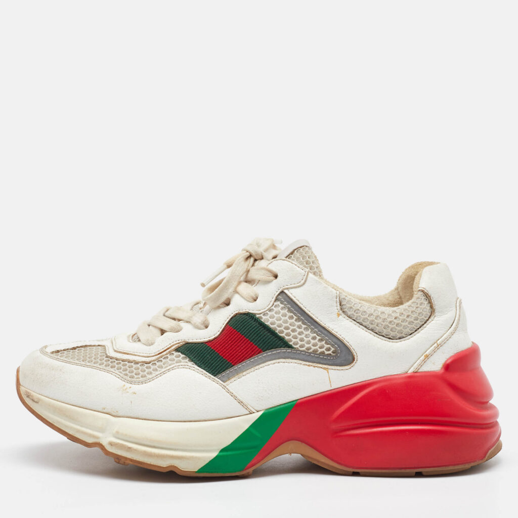 luxury-women-gucci-used-shoes-p1113964-010 Gucci White Leather and Mesh Web Detail Rhyton Low Top Sneakers Size 37.5