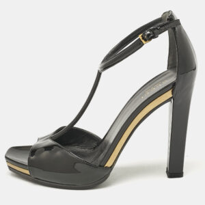 Gucci Black Patent Leather T- Strap Sandals Size 36.5