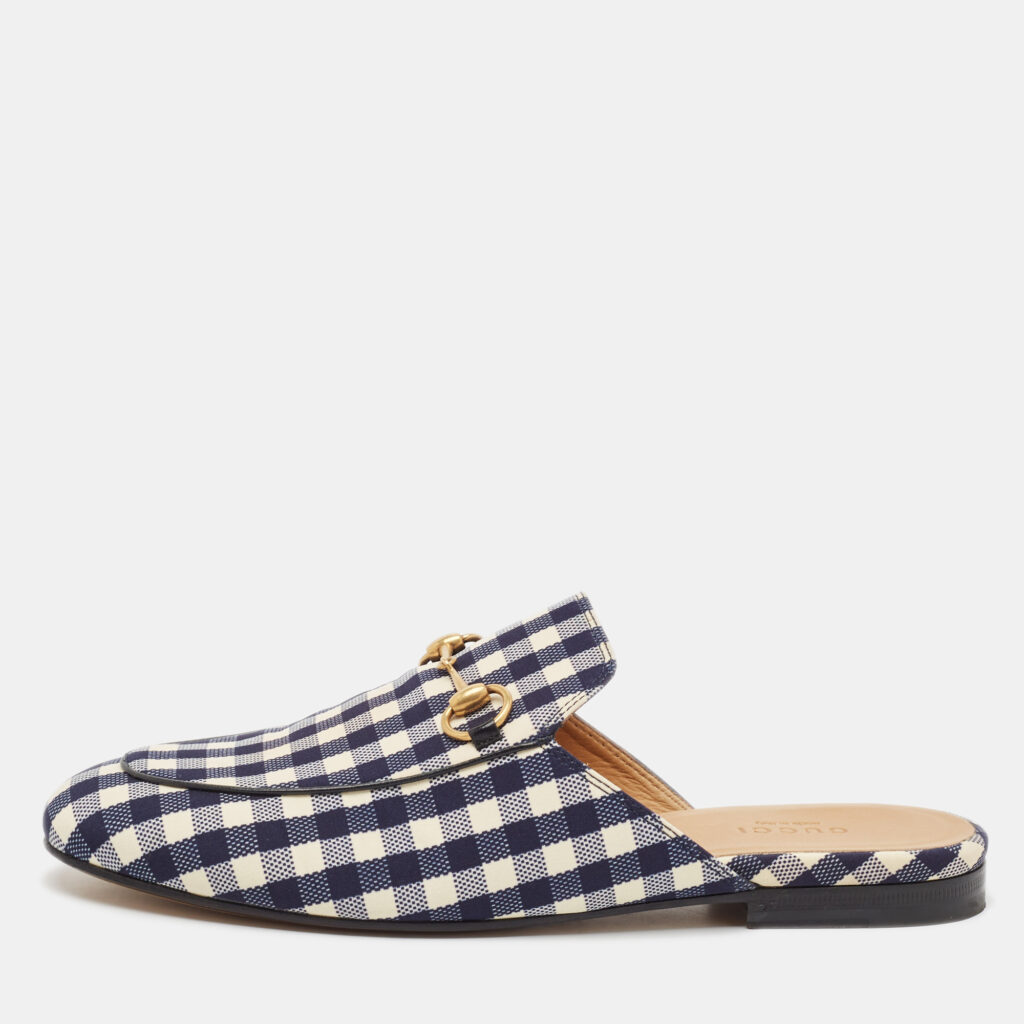 luxury-women-gucci-used-shoes-p1115834-001 Gucci Black/White Canvas and Leather Princetown Mules Sandals Size 38