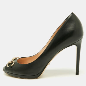 Gucci Black Leather New Hollywood Horsebit Peep Toe Pumps Size 38.5