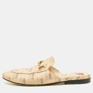 Gucci Beige Logo Stamp Leather Princetown Flat Mules Size 36