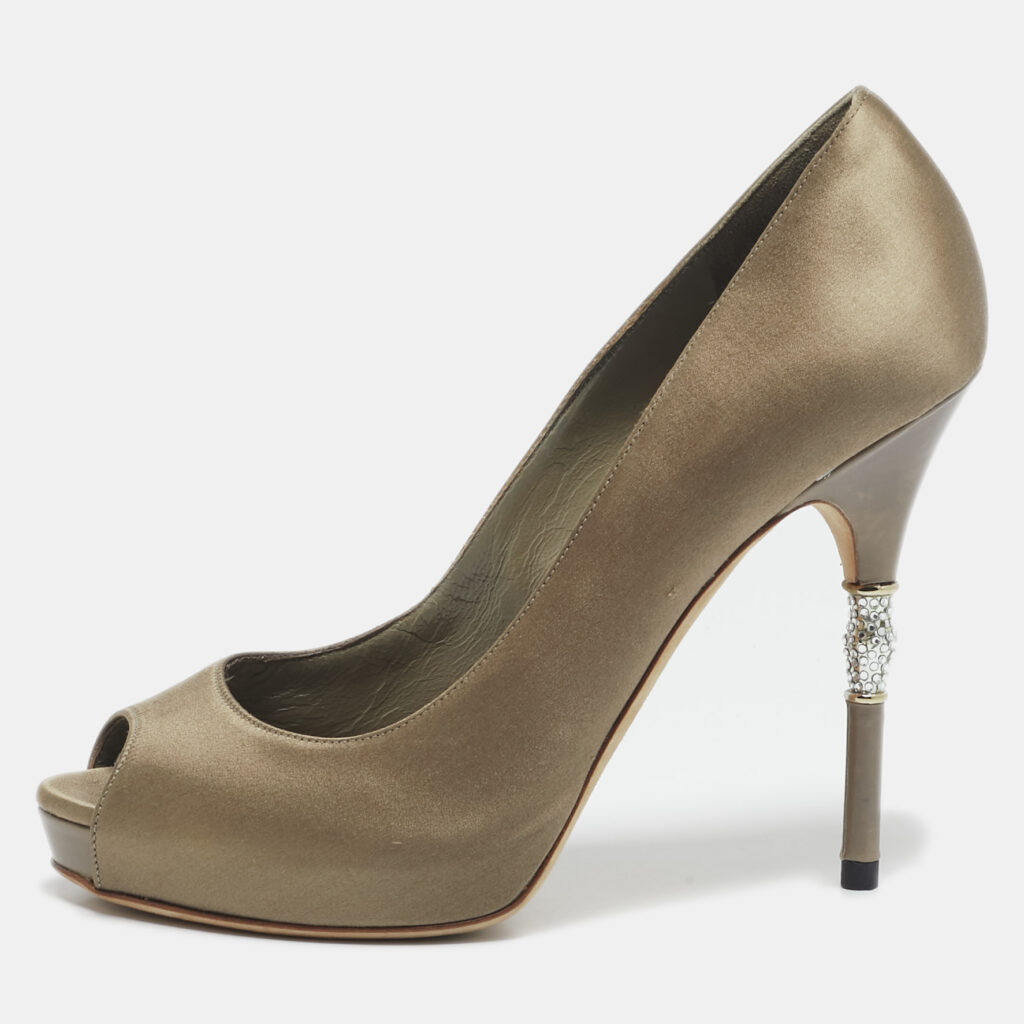 Gucci Grey Satin Horsebit Crystal Embellished Peep Toe Pumps Size 36