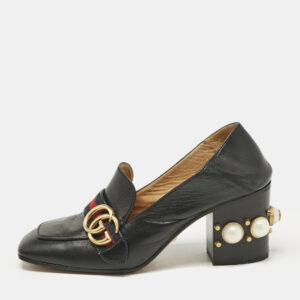 Gucci Black Leather GG Pearl Studded Loafer Pumps Size 37.5