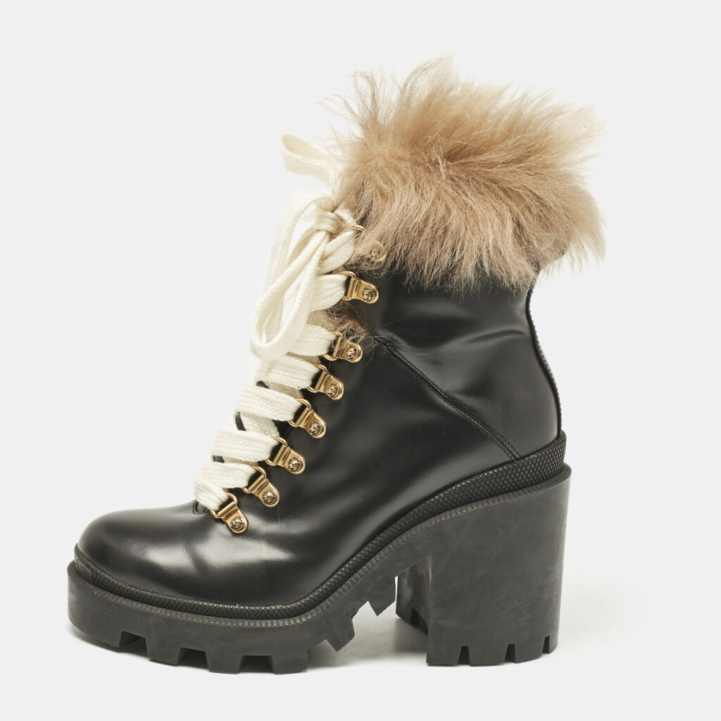 Gucci Black Leather and Shearling Fur Magnum Ankle Length Boots Size 35.5