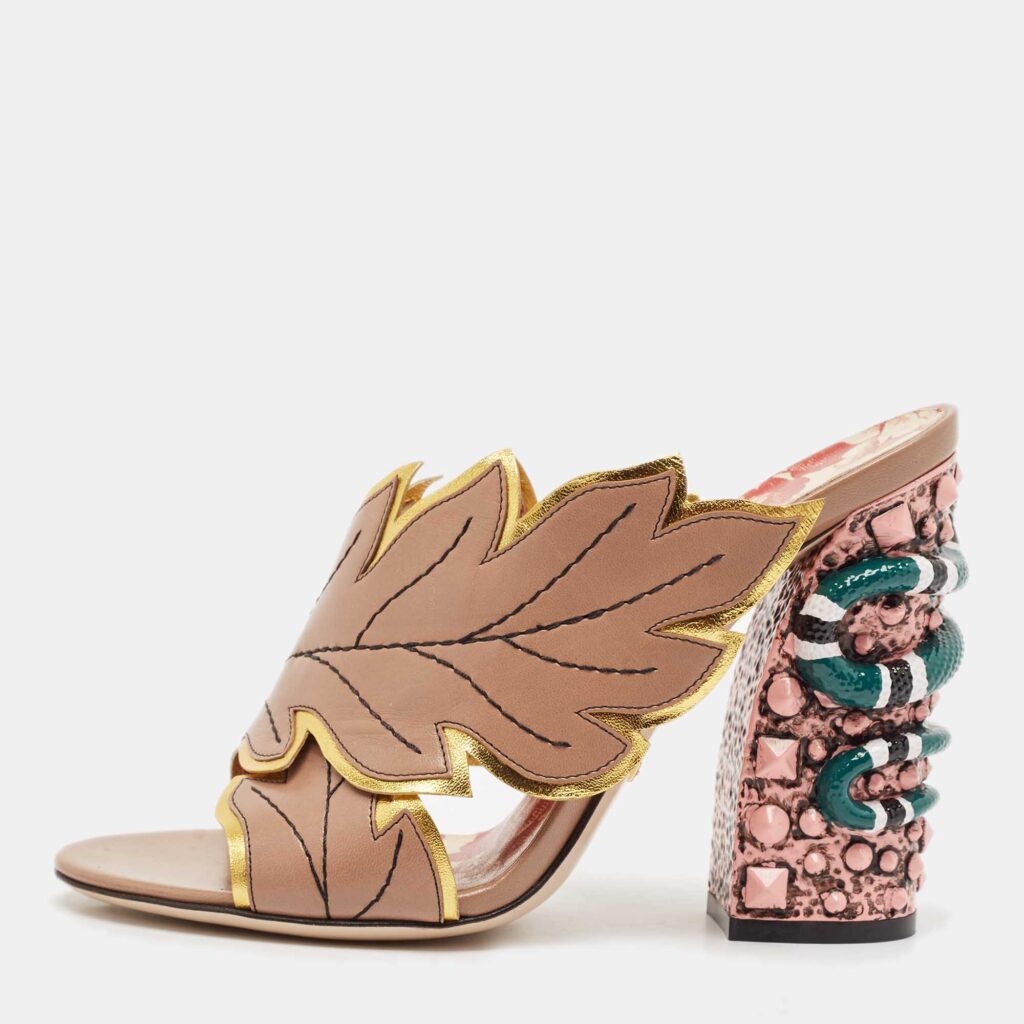 Gucci Beige Leather Leaves Crossover Embellished Heel Peep Toe Mules Size 37.5