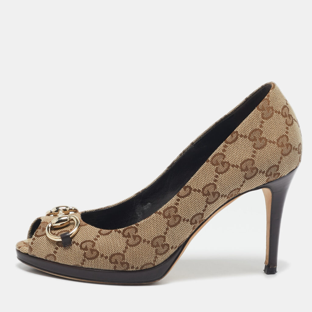 Gucci Beige/Brown GG Canvas Hollywood Horsebit Peep Toe Pumps Size 36.5