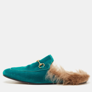Gucci Blue Velvet and Fur Horsebit Princetown Flat Mules Size 40