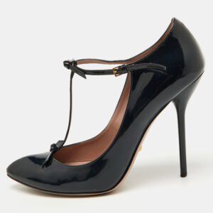 Gucci Navy Blue Patent Leather Beverly T-Strap Bow Pumps Size 39