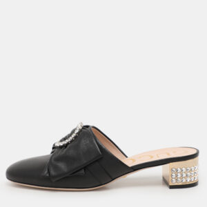 Gucci Black Leather Crystal Bow Embellished Mules Size 38.5