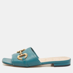 Gucci Green Leather Horsebit Flat Slides Size 36.5