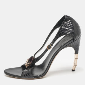 Gucci Black Python Snake Head Crystals Ankle Strap Sandals Size 38.5