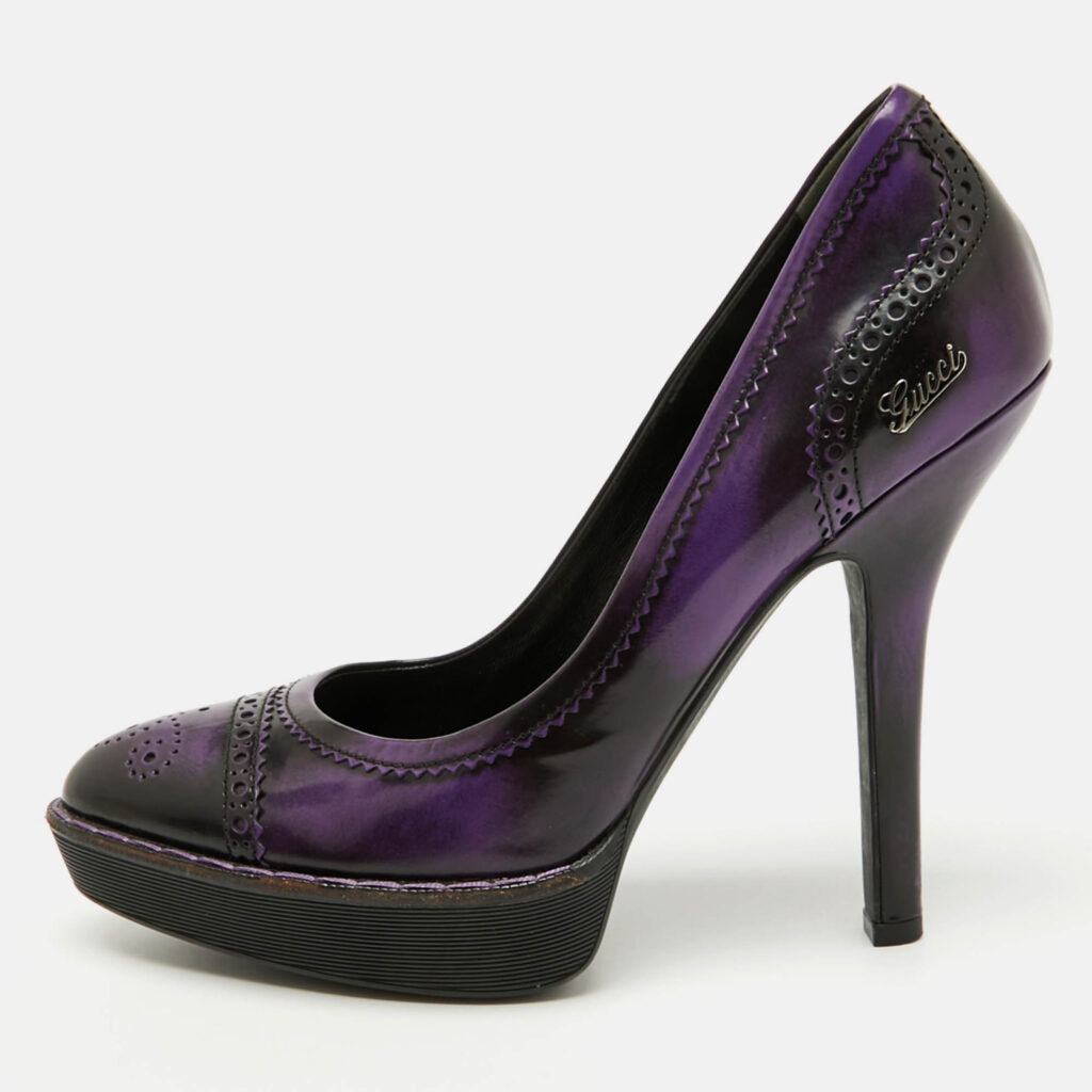 Gucci Purple/Black Leather Brogue Cap Toe Platform Pumps Size 39