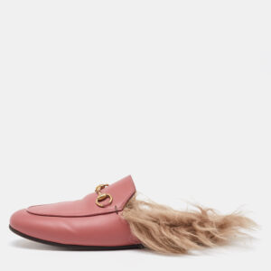 Gucci Pink Leather Horsebit Princetown Fur Flat Mules Size 37
