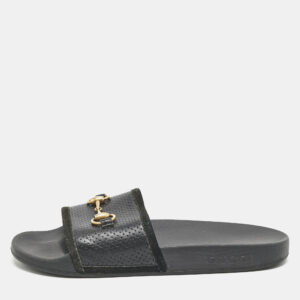 Gucci Black Leather and Suede Horsebit Flat Slides Size 39