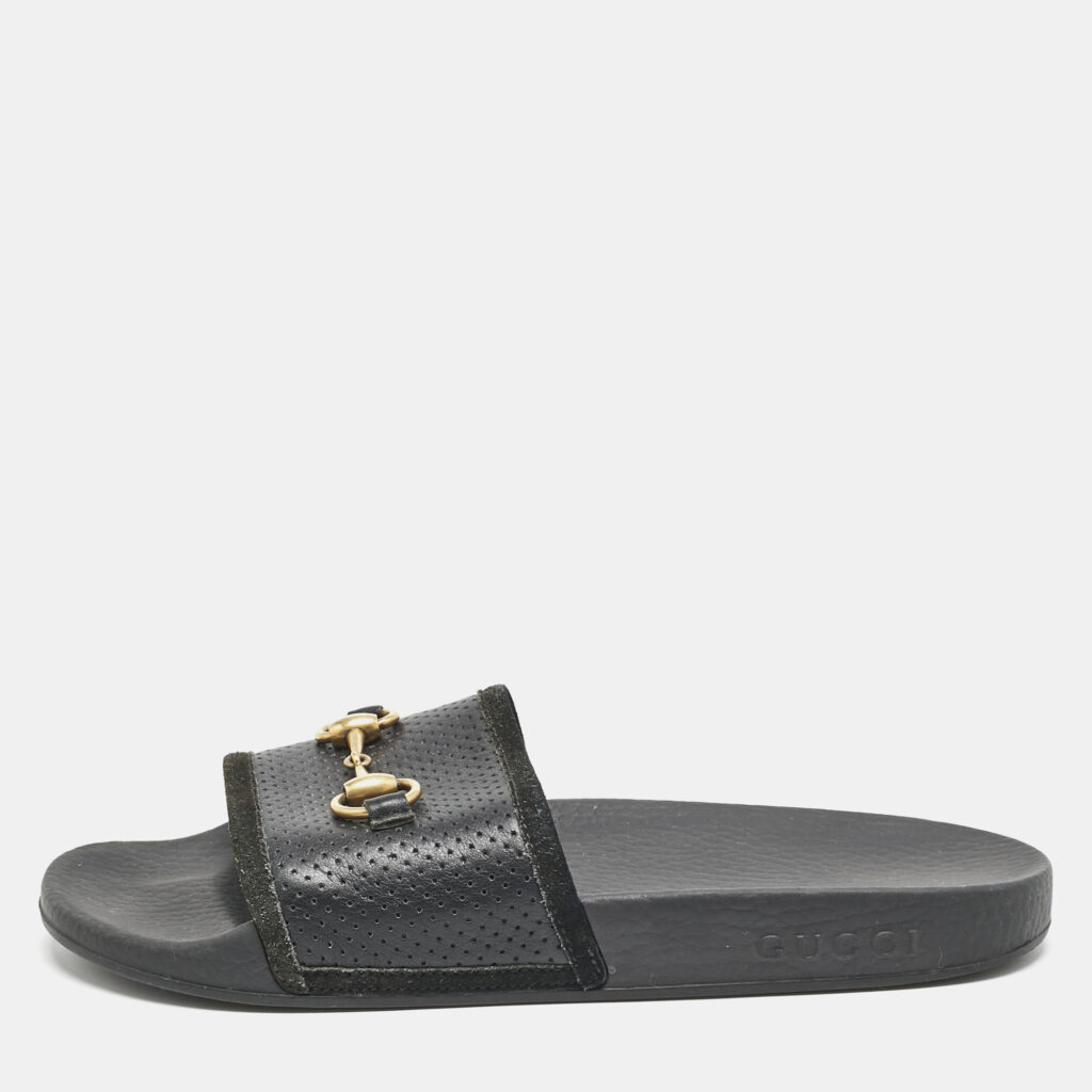 luxury-women-gucci-used-shoes-p1125251-003 Gucci Black Leather and Suede Horsebit Flat Slides Size 39