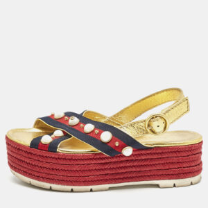Gucci Multicolor Leather And Canvas Web Studded Platform Sandals Size 39