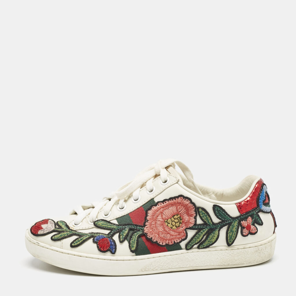Gucci White Leather Floral Embroidered Ace Low Top Sneakers Size 35
