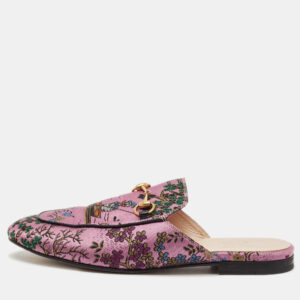 Gucci Black/Pink Lace and Leather Princetown Mules Sandals Size 38.5