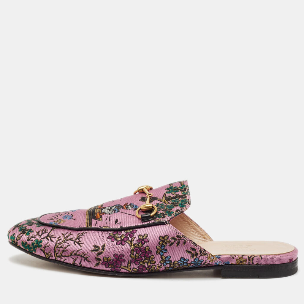 luxury-women-gucci-used-shoes-p1128093-001 Gucci Black/Pink Lace and Leather Princetown Mules Sandals Size 38.5