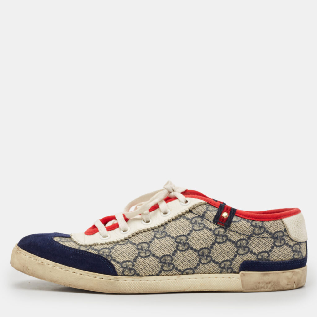 Gucci Beige/Blue GG Supreme Canvas and Suede Low Top Sneakers Size 37.5