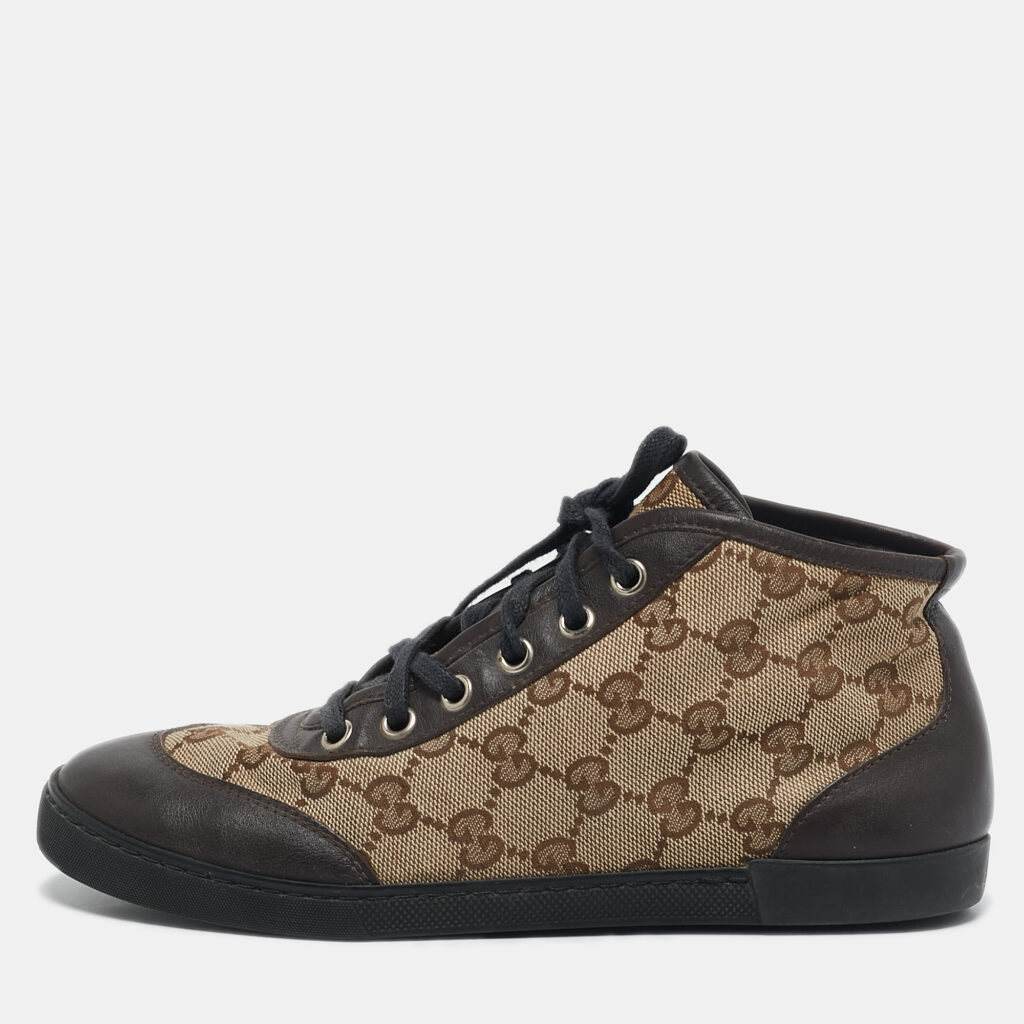 luxury-women-gucci-used-shoes-p1129901-001 Gucci Brown/Beige GG Canvas and Leather Lace Up High Top Sneakers Size 35