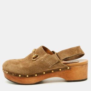 Gucci Brown Suede Horsebit Amstel Slingback Clogs Size 38.5