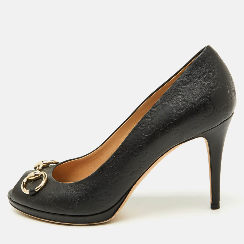 Gucci Black Guccissima Leather Horsebit Hollywood Peep Toe Pumps Size 39