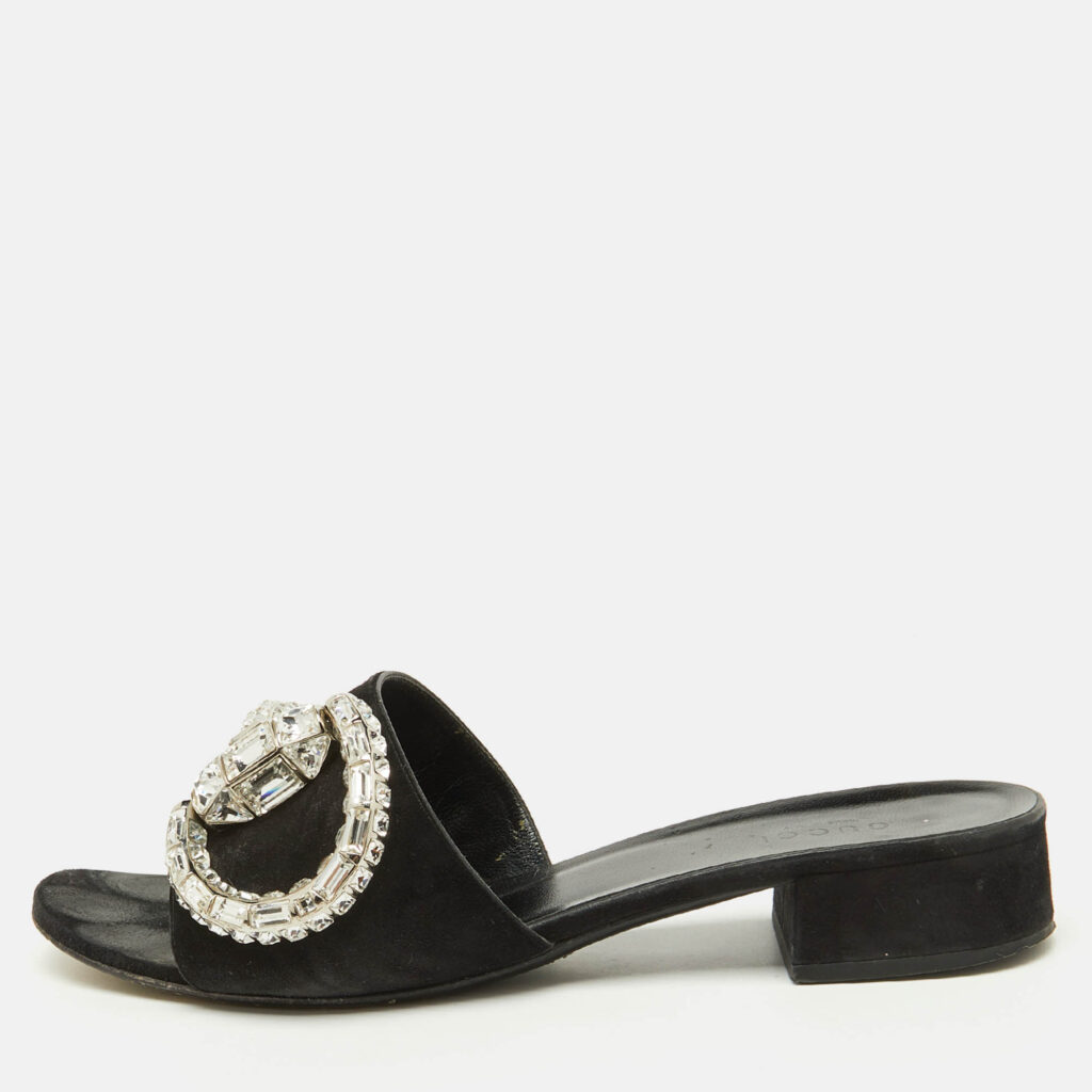 luxury-women-gucci-used-shoes-p1132829-010.jpg Gucci Black Suede Crystal Embellished Maxime Slide Sandals Size 39