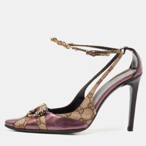 Gucci Beige/Purple GG Canvas and Leather Chain Detail Ankle Strap Pumps Size 39
