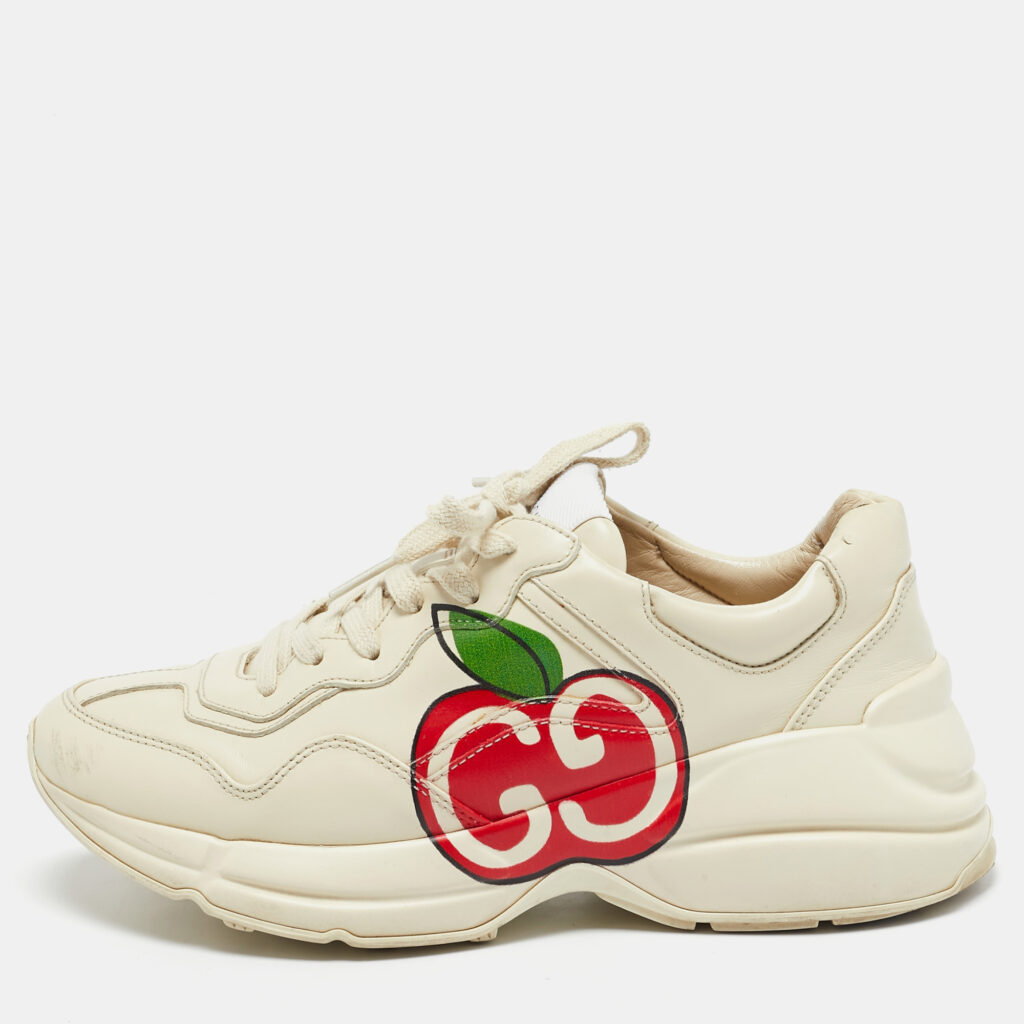 Gucci Cream Leather Rhyton Low Top Sneakers Size 37.5