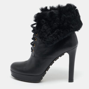 Gucci Black Leather and Fur Lace Up Platform Ankle Boots Size 37