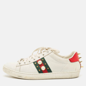 Gucci White Leather and Python Embossed Ace Lace Up Sneakers Size 38.5
