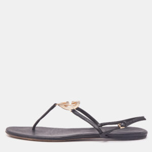 Gucci Black Leather GG Interlocking Heart Flat Sandals Size 38.5