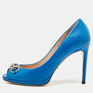 Gucci Blue Leather Horsebit Peep Toe Pumps Size 35