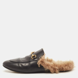 Gucci Black Leather And Fur Princetown Mule Sandals Size 39