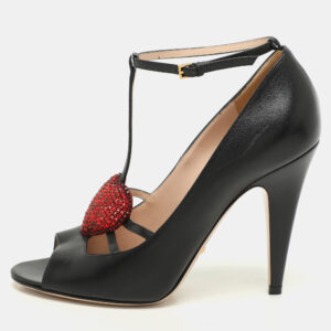Gucci Black Leather Molina Embellished T-Strap Pumps Size 38.5