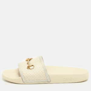 Gucci Cream Perforated Leather Horsebit Flat Slide Size 38