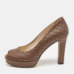 Gucci Brown Monogram Leather Peep Toe Pumps Size 37.5