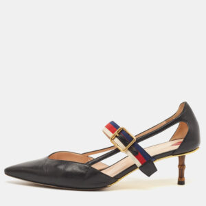 Gucci Black Leather Sylvie Web Strap Bamboo Heel Unia Pumps Size 40