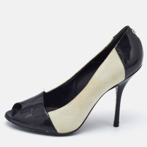 Gucci Black/White Patent Leather And Suede Peep Toe Pumps Size 37