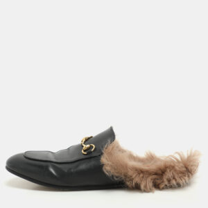 Gucci Black Leather Fur Lined Prince Town Mules Size 39