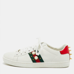 Gucci White Leather New Ace Web Faux Pearl Embellished Low Top Sneakers Size 40